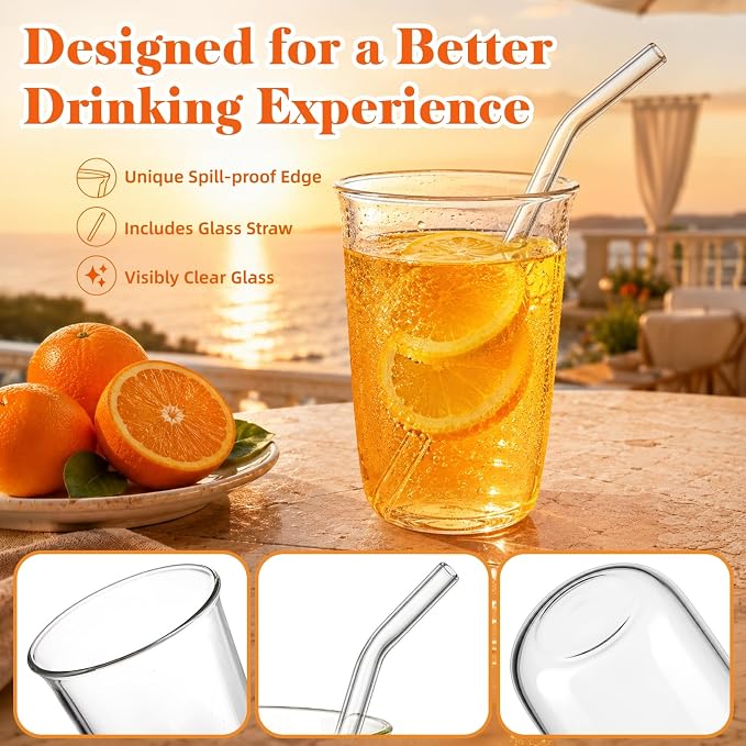 6 Pieces Drinking Glasses with Straw, 16 Oz Clear Water Glass Set | Lead-free - Image 4