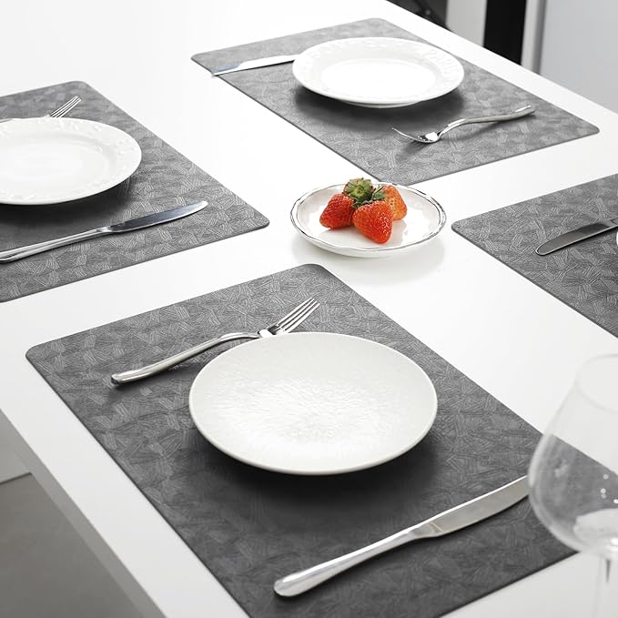 Vinyl Placemats Set of 12 Heat Resistant Easy Clean Non-Slip Place Mats for Dining Table Faux Leather Waterproof Stain Resistant Wipeable Washable PVC Table Mats(12, Gray)