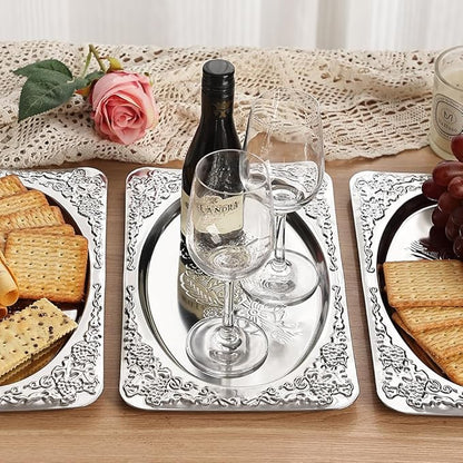 4-Pack Small Silver Serving Trays Set - ZENOVLUX Oval Vintage Engraved Mirror Decorative Tray, 11.4" x 7" Party Platters for Valentine's Day, Food, Appetizer, Charcuterie, Cookies, Desserts