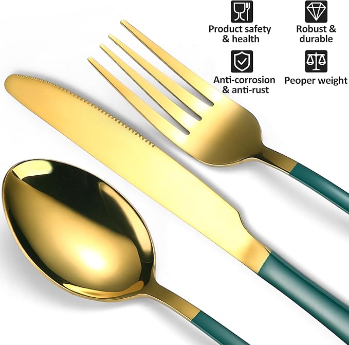 24 Piece Gold & Green Silverware - Image 3