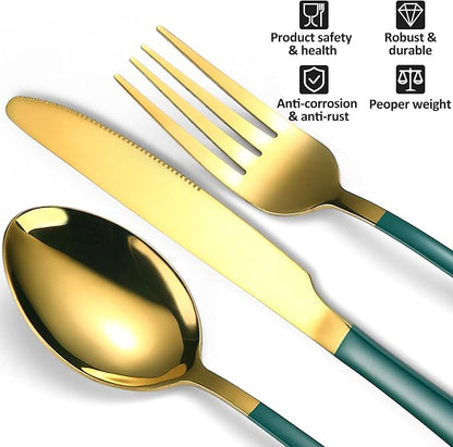 24 Piece Gold & Green Silverware - Image 3