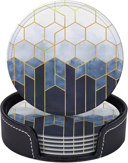 6 Pcs Blue Gold Marble Geometric Hexagons Leather Coasters by CAPVKING