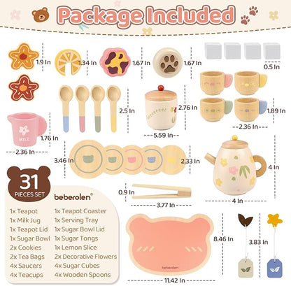 Wooden Tea Set for Little Girls Birthday Gift 3 4 5 Year Old Tea Party | - Image 2