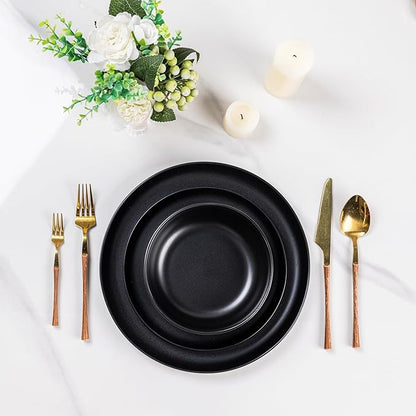 AmorArc Ceramic Dinnerware Sets, Wavy Rim Stoneware Plates and Bowls Sets,Dishwasher & Microwave & Oven Safe Dishes set, Service for 4 (12pc)-Matte Black