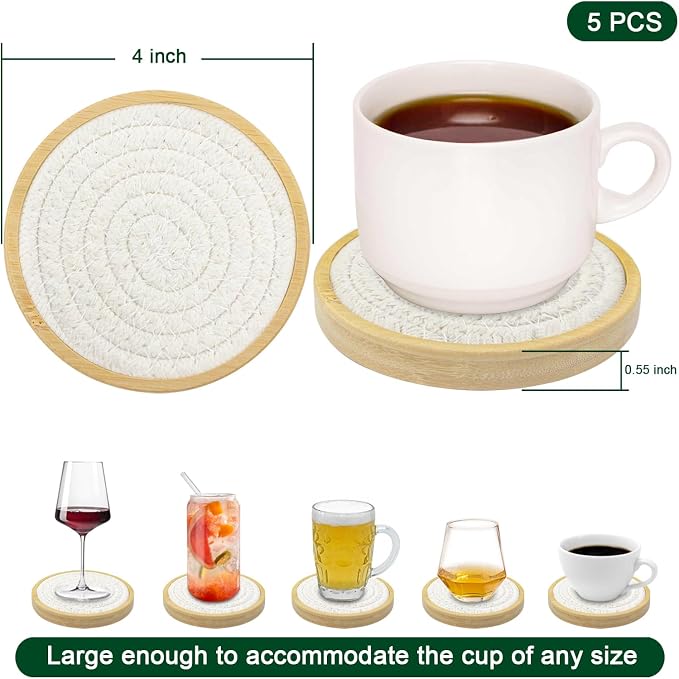Wood Coasters for Drinks, Eykao Absorbent Coaster Sets of 5, Woven Drink - Image 6