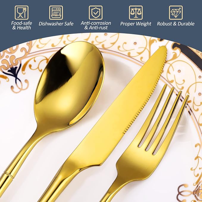 Bamboo Flatware Set Gold Silverware Set Stainless Steel Cutlery Set 20 Pieces - Image 3