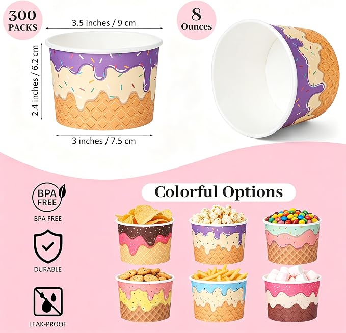 Aodaer 300 Pack 8 oz Paper Cups Disposable Ice Cream Bowls Dessert Cups Sundae - Image 2