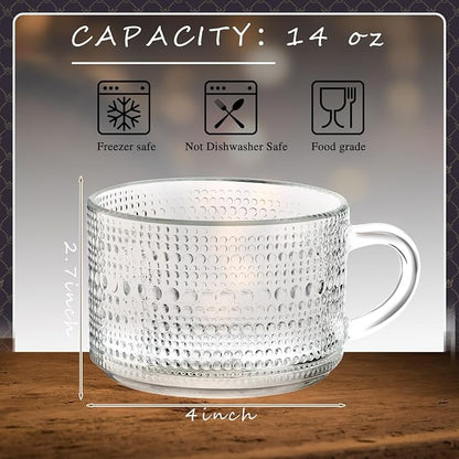 Eccliy 6 Pcs Vintage Coffee Mugs 14 oz Glass Stackable Tea Cups Embossed Glass - Image 2