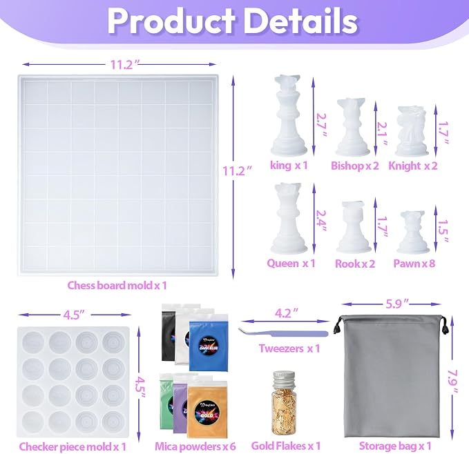 HeyClear Chess Set Resin Molds, Chess Board Silicone Molds & 16PCS 3D Full Size - Image 4