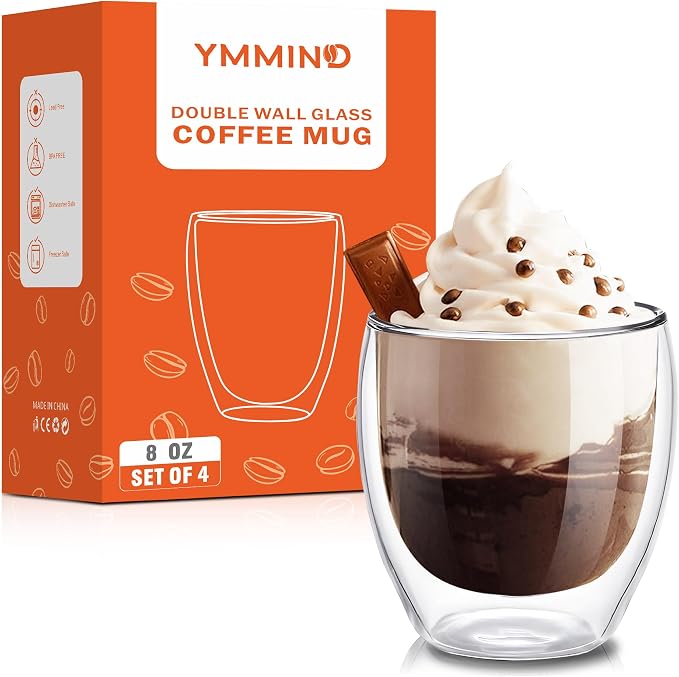 YMMIND Set of 4 Double Walled Glass Coffee Mugs 8 Ounces Insulated Layer Coffee - Image 2