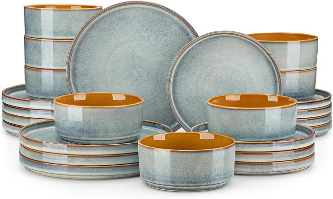 vancasso ONION Ceramic Plates and Bowls Sets, 24 Pieces Light Blue Dinnerware by vancasso