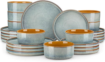 vancasso ONION Ceramic Plates and Bowls Sets, 24 Pieces Light Blue Dinnerware by vancasso