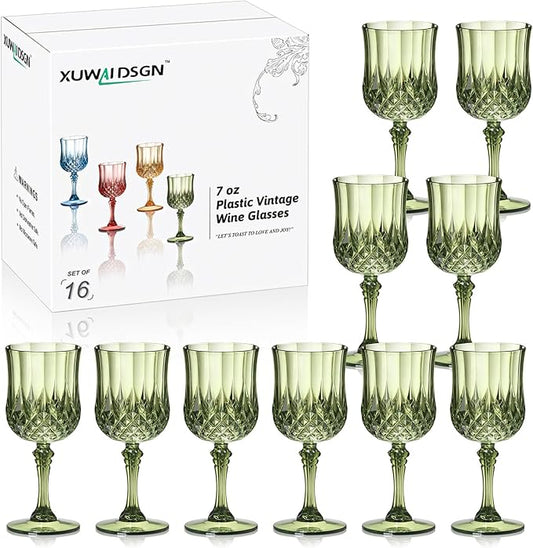 XUWAIDSGN 16 Pcs 7oz Plastic Vintage Wine Glasses Drinking Glasses Unbreakable Wedding Glassware Crystal Water Goblets Reusable Drinkware Vintage Champagne Flutes (16, Dark Green)