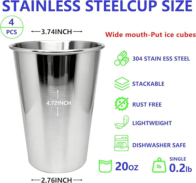 20oz 4PCS Stainless Steel Pint Cups, Reusable metal Cups, Drinking | Pint - Image 3
