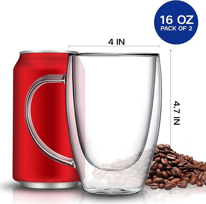 YMMIND Set of 2 Double Walled Glass Coffee Mugs 16 Ounces Insulated Layer - Image 4