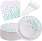 Green Party Supplies,White and Green Dot Plates and Napkins for Birthday Wedding All Occasions(Serve 35 Guests 7 Inch)