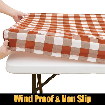 Smiry Rectangle Picnic Table Cloth, Elastic Waterproof Fitted Vinyl Tablecloths, Flannel Backed Buffalo Plaid Table Covers for Dining, Camping, Outdoor, Thanksgiving (White and Rust, 30" x 96")