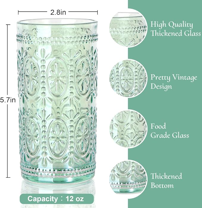 abrwyy Green Drinking Glasses, Vintage Glassware, 12oz Highball Glasses | - Image 2
