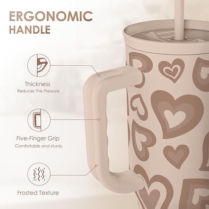 SANDJEST Heart Tumbler with Handle and Straw 40oz – Stainless Sleel Slider - Image 3