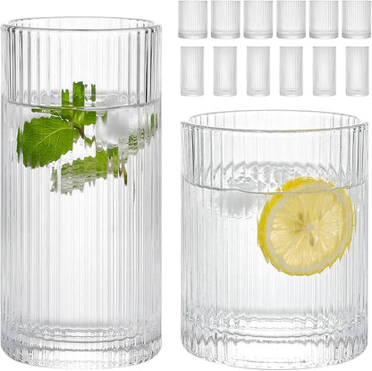 Moretoes Ribbed Drinking Glasses Set of 12, Water Glass Cups | Mixed Glassware by Moretoes