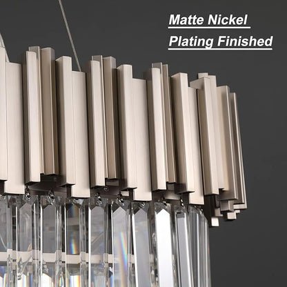 L43.3 Modern Rectangle Crystal Chandelier Nickel Linear Pendant Ceiling Light Fixture for Dining Room Contemporary Oval Raindrop Chandeliers Lighting for Kitchen Island 13-Light