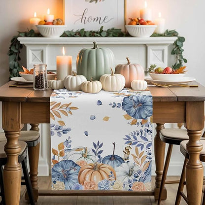 Blue Pumpkin Fall Table Runner 120 Inches Long, Thanksgiving Floral Eucalyptus - Image 2
