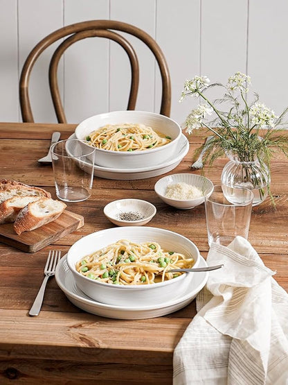 LE TAUCI Dishes Set with Pasta Bowls for 4, Stoneware Dinnerware Set, 10" Dinner & 8" Salad Plates, 6" Bowls, 8.5" Pasta (30 oz), Stackable, Microwave & Dishwasher Safe Ceramic, 16-Piece, White