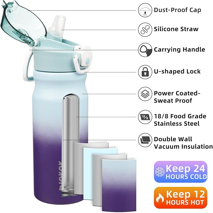 BJPKPK 18 oz Water Bottle with Straw & Handle, Insulated Stainless Flask | Leak - Image 2
