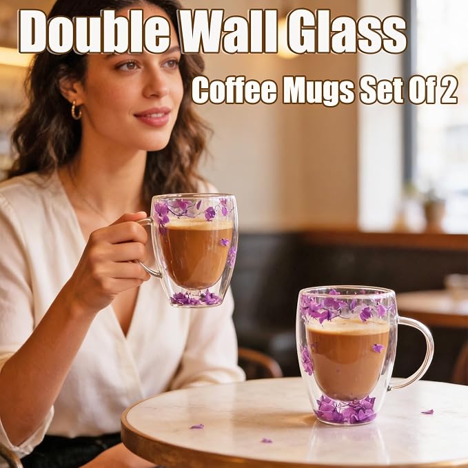 Viovian 13oz Double Wall Glass Coffee Mugs Set of 2 Insulated Glass Coffee Cups - Image 5
