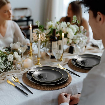 100 PCS Black Gold Plastic Plates, 10 inch Black Disposable Plates for Party, Plastic Dinner Plates for Party, Graduation, Birthday, Wedding