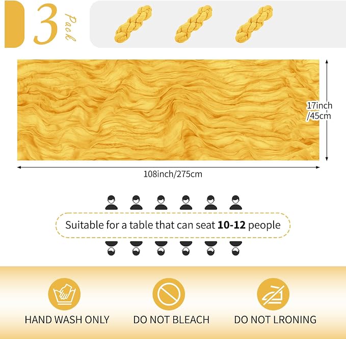 3 Pack Gold Cheesecloth Table Runner 17x108 Inch Semi Sheer Boho Gauze Cheese - Image 2