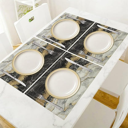 Marble Linen Place Mats Set of 4, 12x17 Inch Modern Luxury Texture Black Grey Gold Marble Washable Fabric Non-Slip Placemats for Home Dining Table Banquets Party Kitchen Decoration