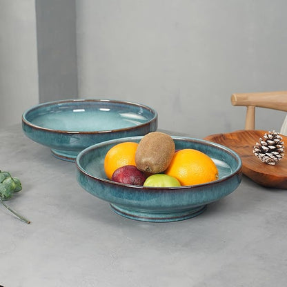 Ceramic Fruit Bowl for Kitchen Counter,Decorative Pedestal Bowl for Table Countertop,Large Footed Serving Bowl,10.2 Inch (Blue)