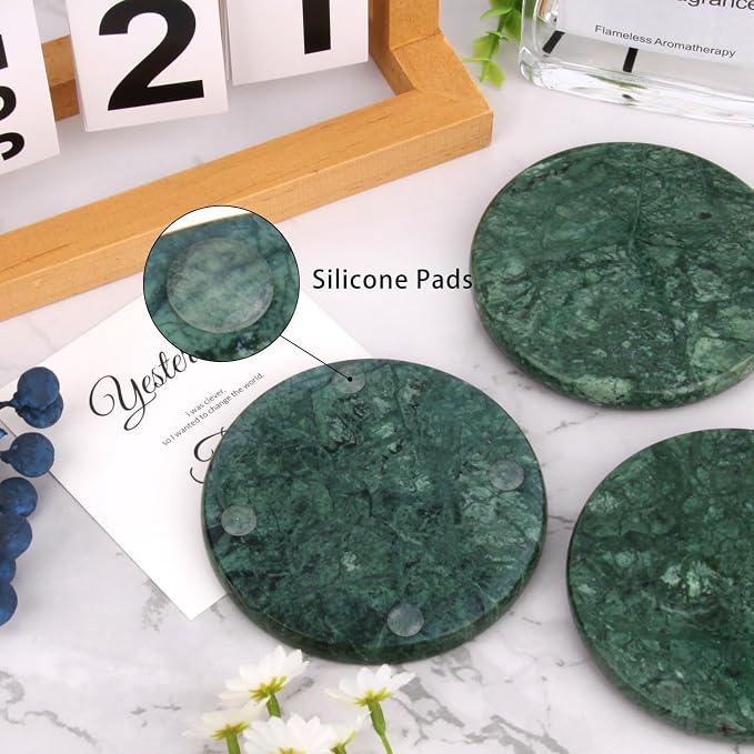 Natural Marble Coasters Set of 4, 4 inch Round, Silicone Anti-Slip Pads - Image 5