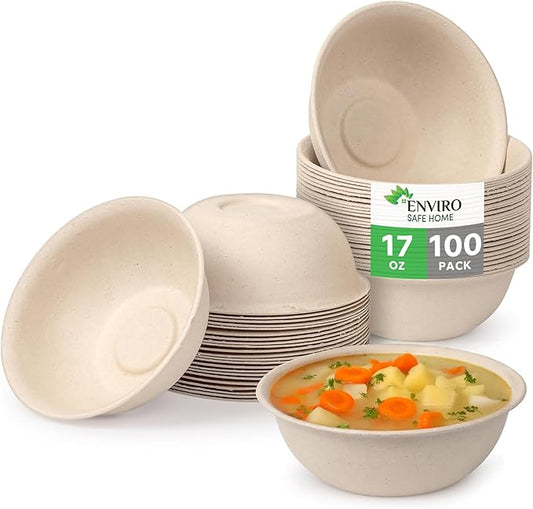17 oz Paper Bowls (100 Pack) Disposable Bamboo Bowls - Heavy Duty, Microwavable Oven Safe - Perfect for Salads, Ice Cream, Hot Soups, Cereals & Party Fun - Eco-Friendly, Leak-Proof