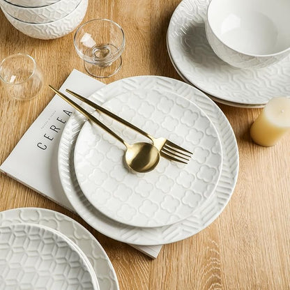 Sureasy Ceramic Dinnerware Sets for 8, 24 Piece Embossed Plates and Bowls Sets, Scratch Resistant Stoneware Dishes Set, Dishwasher and Microwave Safe, White