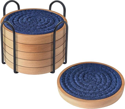 6 Pack Coasters for Drinks Absorbent, Wooden Coasters for Coffee Tables, Cup Mat for Kitchen, Farmhouse, Bar, and Office 4.3 inches (Dark Blue)