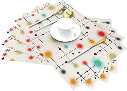 Mid Century Modern Placemats Set of 4, Washable Retro Table Mats for Kitchen Dining Tables Yellow Decorative Linen Place Mats 12x18 Inch