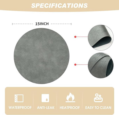 Artoid Mode Grey Faux Leather Placemats Set of 4, 15 Inch Waterproof Wipeable Heat Resistant Vinyl Place Mats, Reversible Table Mats for Winter Kitchen Dining Decor