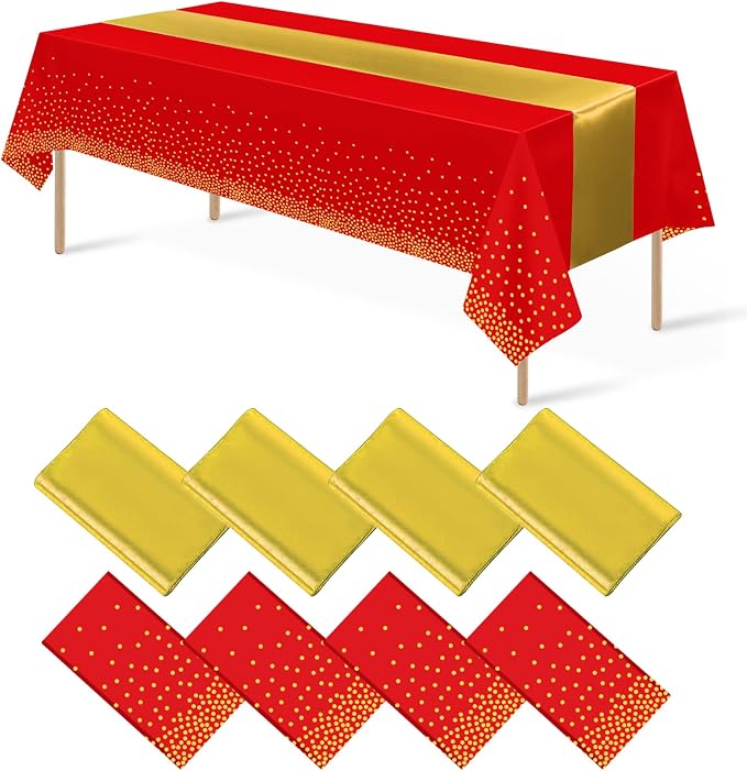 8Pack Disposable Plastic Party Tablecloths and Satin Table Runner Set Red and by MASHAN