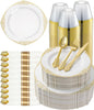 Goodluck 350 Piece Gold Plastic Dinnerware Set for 50 Guests, Fancy Disposable Plates, Include: 100 Gold Rim Plastic Plates, 150 Silverwares, 50 Pre Rolled Napkins, 50 Cups for Party, Wedding