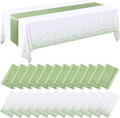 Breling 24 Pack White and Sage Green Disposable Plastic Tablecloths and Satin Table Runner Set, 54 x 108 Inch Tablecloth, 12 x 108 Inch Table Runners for Wedding Graduation Birthday Baby Shower