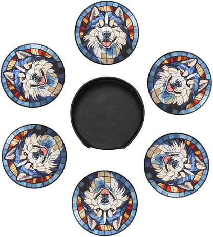 Drink Coaster Set of 6, Alaskan Malamute Dog Mom Lover Gift,Leather Drink Coasters with Holder,6 Pack Cup/Bar/Drink Coasters for Table/Drinks/Coffee Protection Housewarming Gift