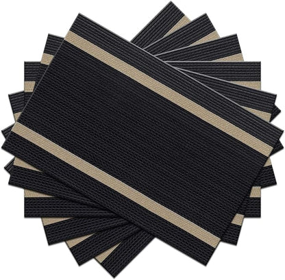 Placemats Set of 6 Durable Placemats Washable Kitchen Plastic Luxurious Table Mats for Home/Dining Room Decoration (Black)