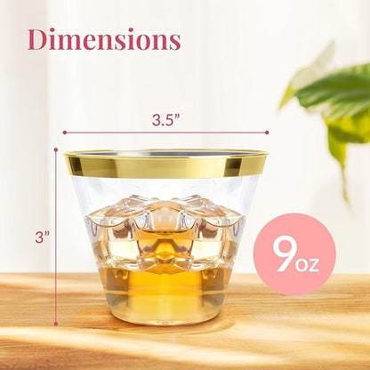 Prestee 100-Pack 9oz Gold Rimmed Plastic Cups Disposable Wine Glasses for Charcuterie, Weddings, Parties, and Events - Elegant Cocktail and Drinking Cups for Champagne, Martini, and Mocktails