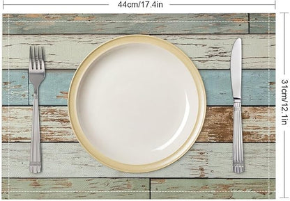 Rustic Plank Placemat Set, Vintage Old Shabby Colorful Beige Green Blue Farmhouse Barn Wooden Board Pattern Home Decor Linen Table Mats for Dining Room Kitchen Party (17x12in) x4P