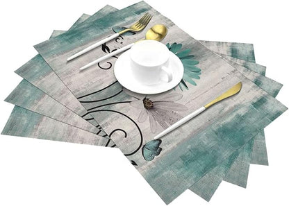 Floral Placemats 12x18 Inches Set of 4, Teal Blue Daisy Floral Decorative Modern Placemats Rectangle Linen Table Mats for Party, Home Kitchen,Dining Table Decoration