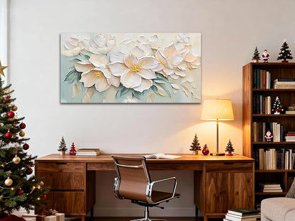 Anolyfi White Textured Flowers Large Canvas Wall Art for Living Room, Modern Aesthetic Sage Florals Painting Wall Decor for Bedroom Dining Room Office Home Decor 58"x29"