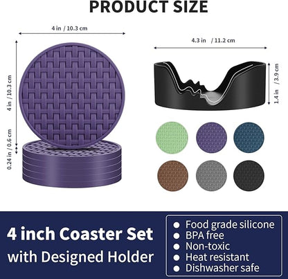 Purple Silicone Coasters with Holder, 4 Inches Non-Slip Decorative Cup Mats for Drinks, Heat Resistant & Waterproof Round Coaster Set of 6 for Home, Office, Kitchen, Bar Table