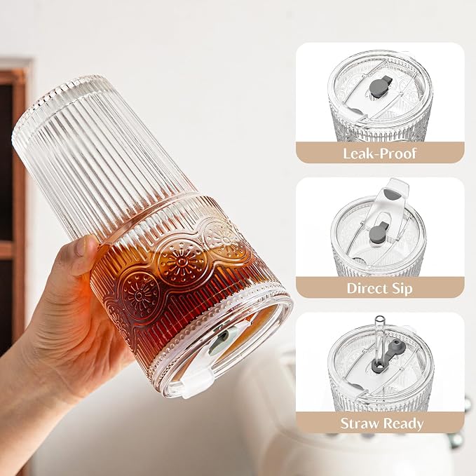 INSETLAN 20oz Ribbed & Floral Glass Tumblers - Image 5